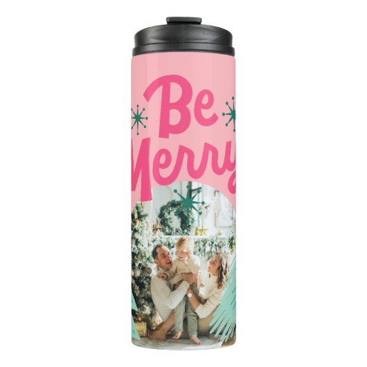 Be Merry Pink Scribble Vakantieboom Boogfoto Thermosbeker (Voorkant)