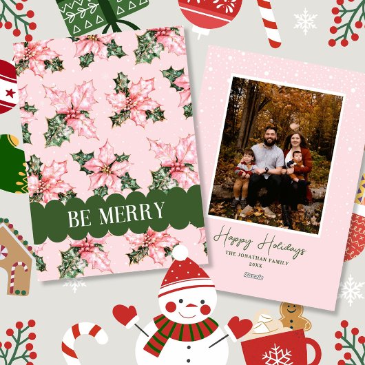 Be Merry Pink Snow Floral Kerstvakantie Kaart