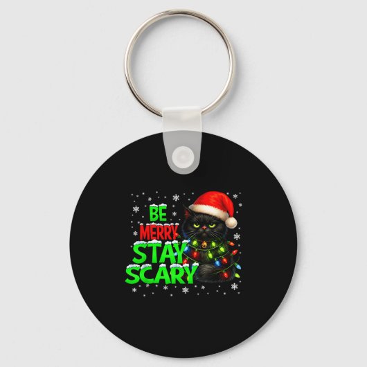 Be Merry Stay Y Black Cat Funny Halloween Christma Sleutelhanger (Voorkant)