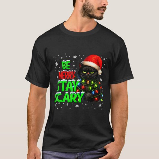 Be Merry Stay Y Black Cat Funny Halloween Christma T-shirt (Voorkant)