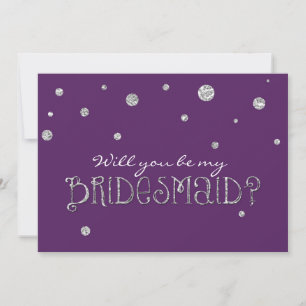 BE MIJN BRIDESMAID Paarse Silver Glitter Modern Ca Kaart
