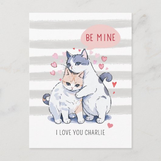 Be Mine Miauw Waterverf Kat Paar Valentijnsdag Feestdagenkaart (Voorkant)