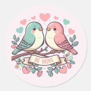Be Mine Pink en Blue Lovebirds Ronde Sticker