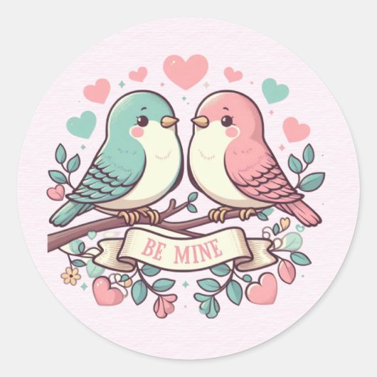 Be Mine Pink en Blue Lovebirds Ronde Sticker (Voorkant)