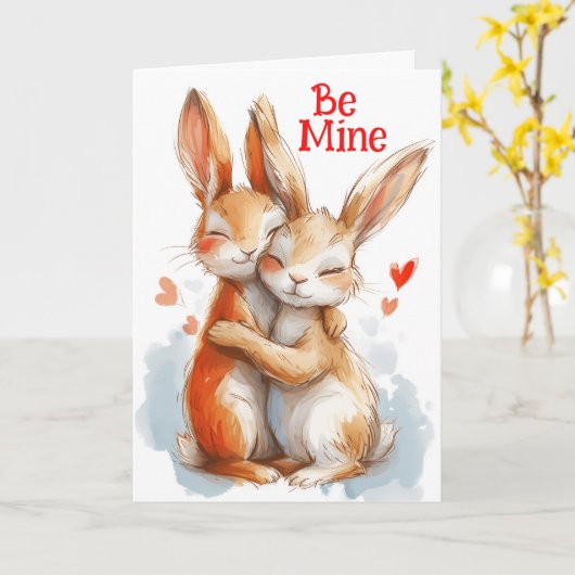 Be Mine: Schattige konijntjes knuffelen Kaart (Gele Bloem)