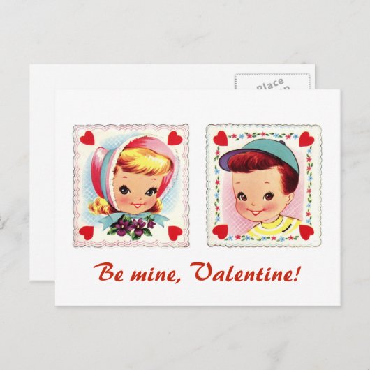 Be Mine Valentijn Retro Leuke Jongen en Meisje Feestdagenkaart (Voorkant / Achterkant)