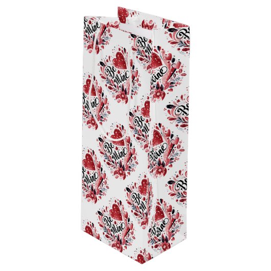 Be Mine Valentijnsdag Harten en Bloemen Wijn Cadeautas (Voorkant Gekanteld)