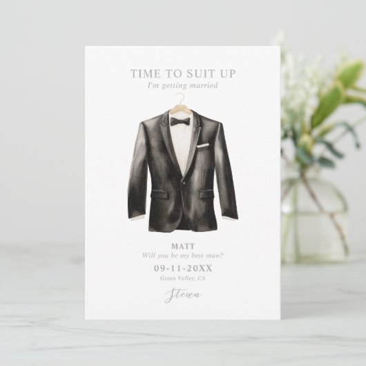 Be My Best Man Waterverf Zwart & Wit Tuxedo Kaart (Staand voorkant)