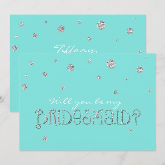 BE MY BRIDESMAID Aqua Blue Silver Glitter Kaart (Voorkant / Achterkant)