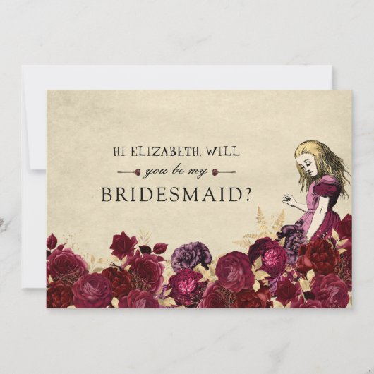 Be My Bridesmaid Floral Red Alice in Wonderland Kaart (Voorkant)