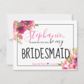 Be My Bridesmaid Hot Pink Bloemen en Zwart Kaart (Voorkant)
