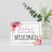 Be My Bridesmaid Hot Pink Bloemen en Zwart Kaart (Staand voorkant)