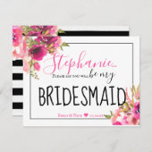 Be My Bridesmaid Hot Pink Bloemen en Zwart Kaart (Voorkant / Achterkant)
