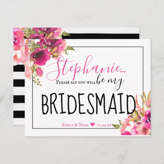Be My Bridesmaid Hot Pink Bloemen en Zwart Kaart (Voorkant / Achterkant)