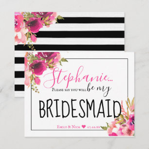 Be My Bridesmaid Hot Pink Bloemen en Zwart Kaart