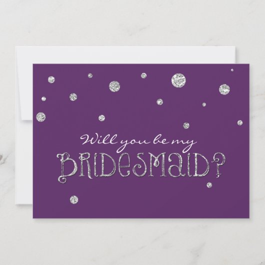 BE MY BRIDESMAID Paarse Silver Glitter Moderne Kaa Kaart (Voorkant)
