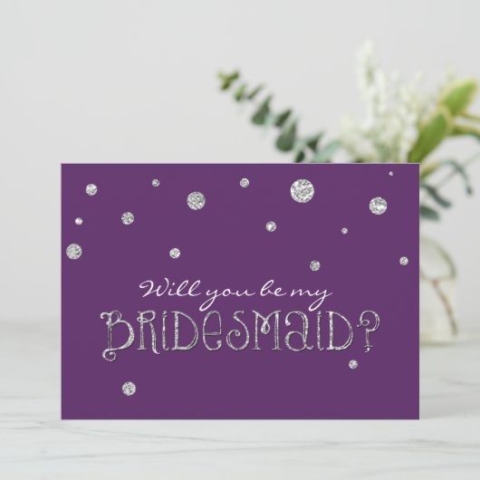 BE MY BRIDESMAID Paarse Silver Glitter Moderne Kaa Kaart (Staand voorkant)