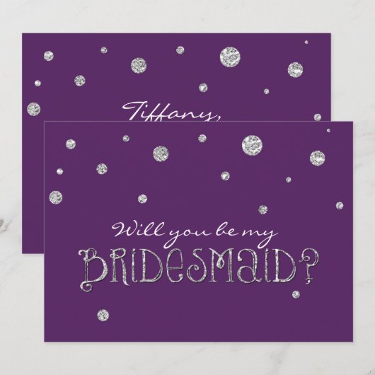 BE MY BRIDESMAID Paarse Silver Glitter Moderne Kaa Kaart (Voorkant / Achterkant)