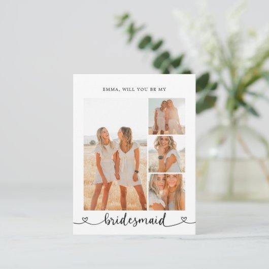 Be My Bridesmaid Photo Collage Hartkalligrafie Briefkaart (Staand voorkant)