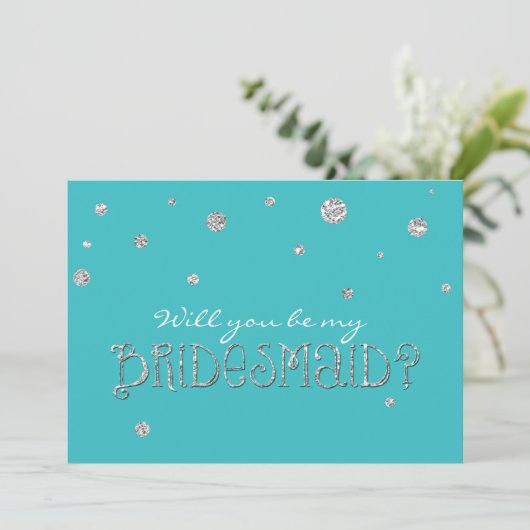 BE MY BRIDESMAID Turquoise Silver Glitter Kaart (Staand voorkant)