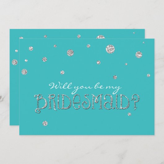 BE MY BRIDESMAID Turquoise Silver Glitter Kaart (Voorkant / Achterkant)