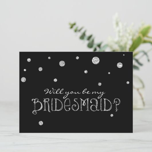 BE MY BRIDESMAID Zwart Zilver Glitter Moderne Kaar Kaart (Staand voorkant)