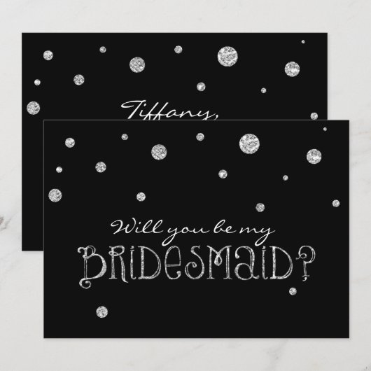 BE MY BRIDESMAID Zwart Zilver Glitter Moderne Kaar Kaart (Voorkant / Achterkant)