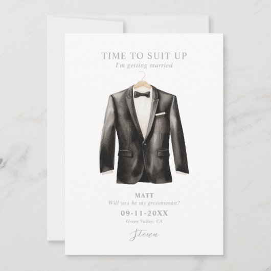 Be My Groomsman Waterverf Zwart & Wit Tuxedo Kaart (Voorkant)