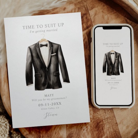 Be My Groomsman Waterverf Zwart & Wit Tuxedo Kaart