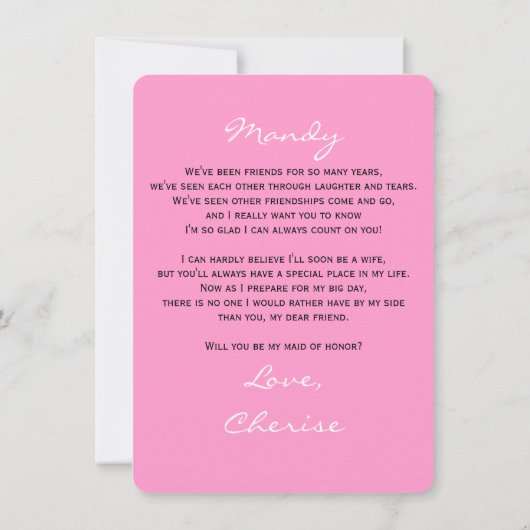 Be My Maid of Honor Gedicht op Roze Kaart (Achterkant)