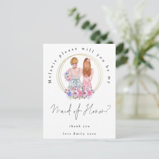 Be My Maid of Honor Request Fair Haired Girls Uitnodiging Briefkaart (Staand voorkant)