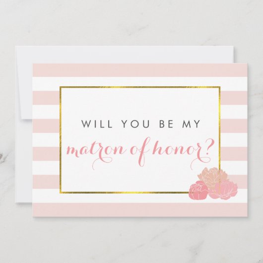 Be My Matron of Honor Kaart Pink Stripe Blush Peon (Voorkant)