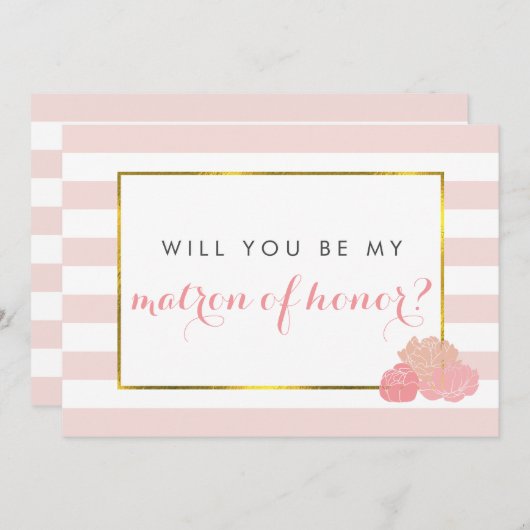 Be My Matron of Honor Kaart Pink Stripe Blush Peon (Voorkant / Achterkant)