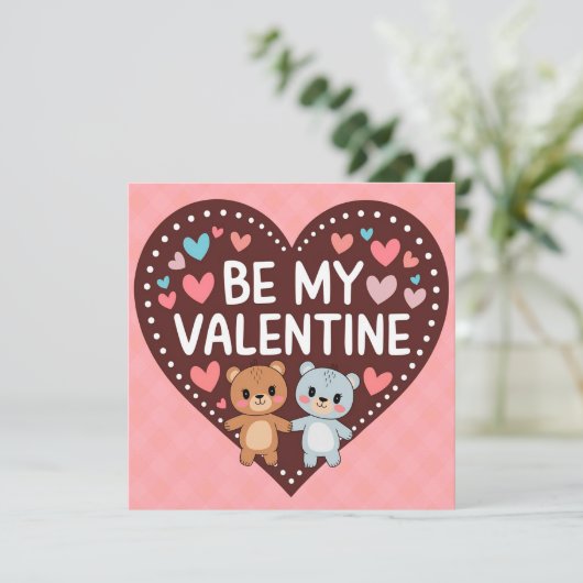 Be my valentine bears couple hearts feestdagenkaart (Staand voorkant)