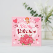 Be my valentine Cupid roses Feestdagenkaart (Staand voorkant)