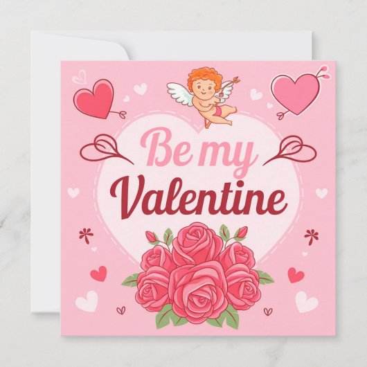 Be my valentine Cupid roses Feestdagenkaart (Voorkant)