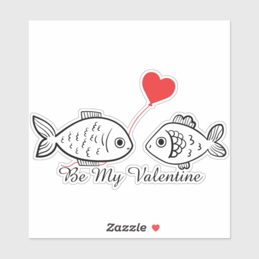Be My Valentine Cute Fish Couple Red Heart Balloon Sticker (Vel)