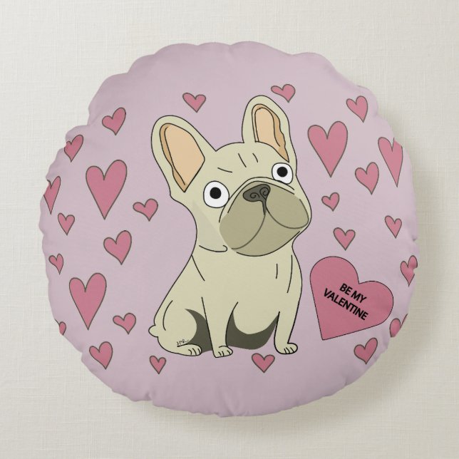 Be my Valentine, French Bulldog Rond Kussen (Voorkant)