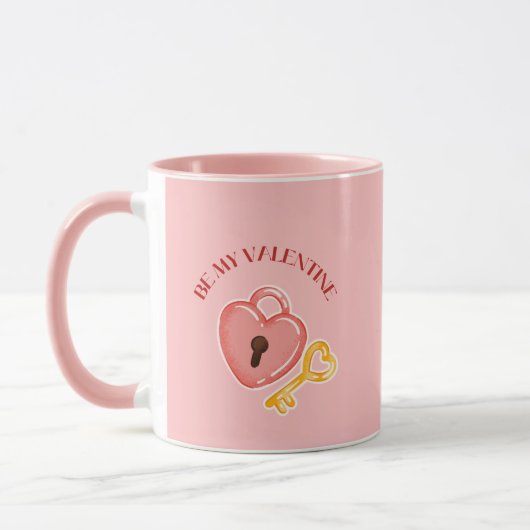 Be My Valentine Heart Lock and Key Pink Mug Mok (Links)