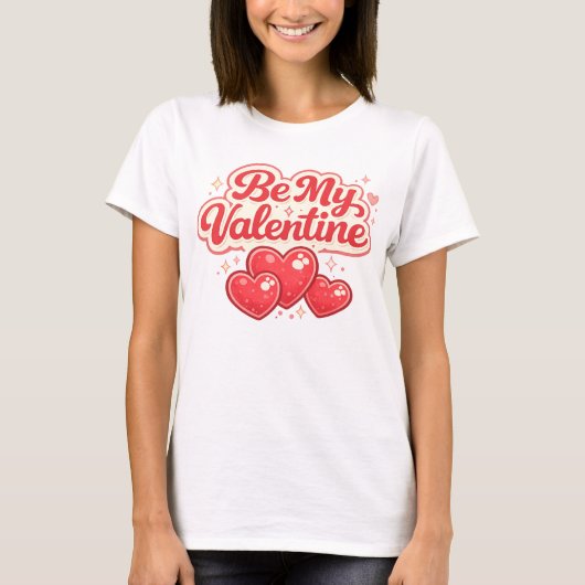 Be My Valentine Retro Red Hearts Typography T-shirt (Voorkant)