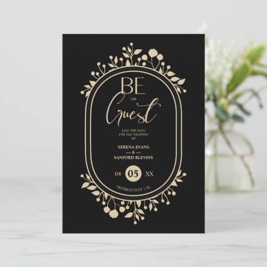 Be our Guest Black Wedding Fancy Frame Branches Save The Date (Staand voorkant)