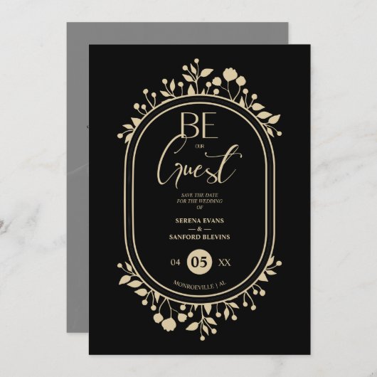 Be our Guest Black Wedding Fancy Frame Branches Save The Date (Voorkant / Achterkant)