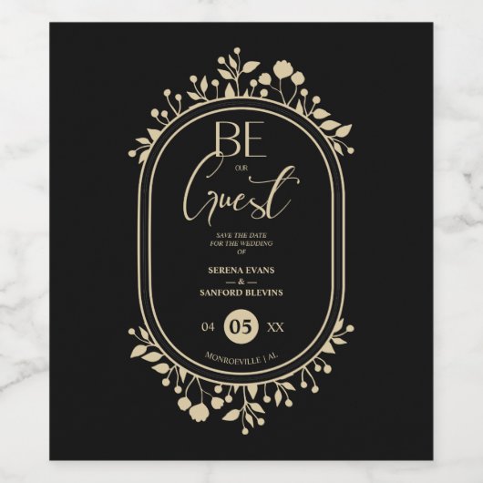 Be our Guest Black Wedding Fancy Frame Branches Wijn Etiket (Enkel label)