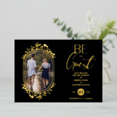 Be our Guest Black Wedding Fancy Frame Flowers Folie Uitnodiging (Staand Voorkant)