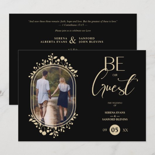 Be our Guest Black Wedding Fancy Frame Flowers Kaart (Voorkant / Achterkant)