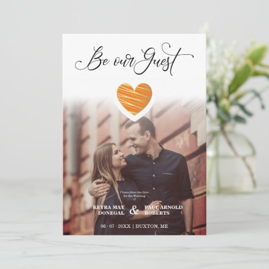 Be our Guest Quote Orange Heart Photo Wedding Save The Date (Staand voorkant)