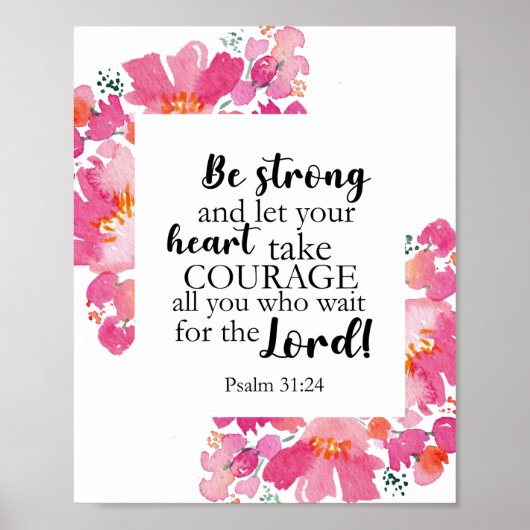 Be Strong & Take Courage Psalm Pink Floral Bible Poster (Voorkant)