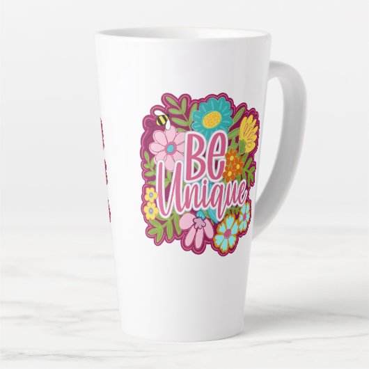 Be Unique motivational flower design Latte Mok (Rechterhoek)