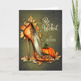 Be Wicked Halloween-hoge hak met herfstbladeren Feestdagen Kaart