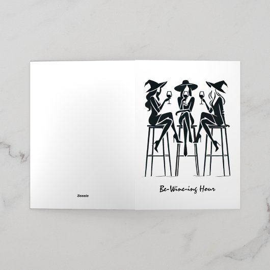 Be-Wine-ing Hour, Elegante Heksen Wijnavond, Moder Folie Wenskaart (Buiten Laag)